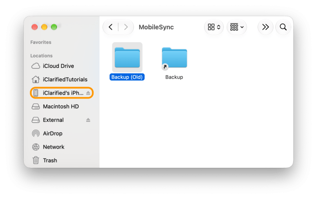 The MobileSync folder with Backup (Old) and the linked Backup folder, and the iPhone ringed in the sidebar