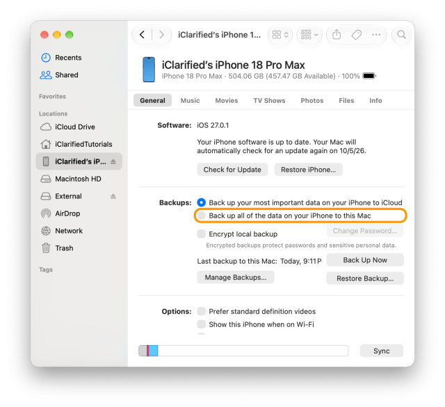 The iPhone's General page in Finder with Back up all of the data on your iPhone to this Mac ringed