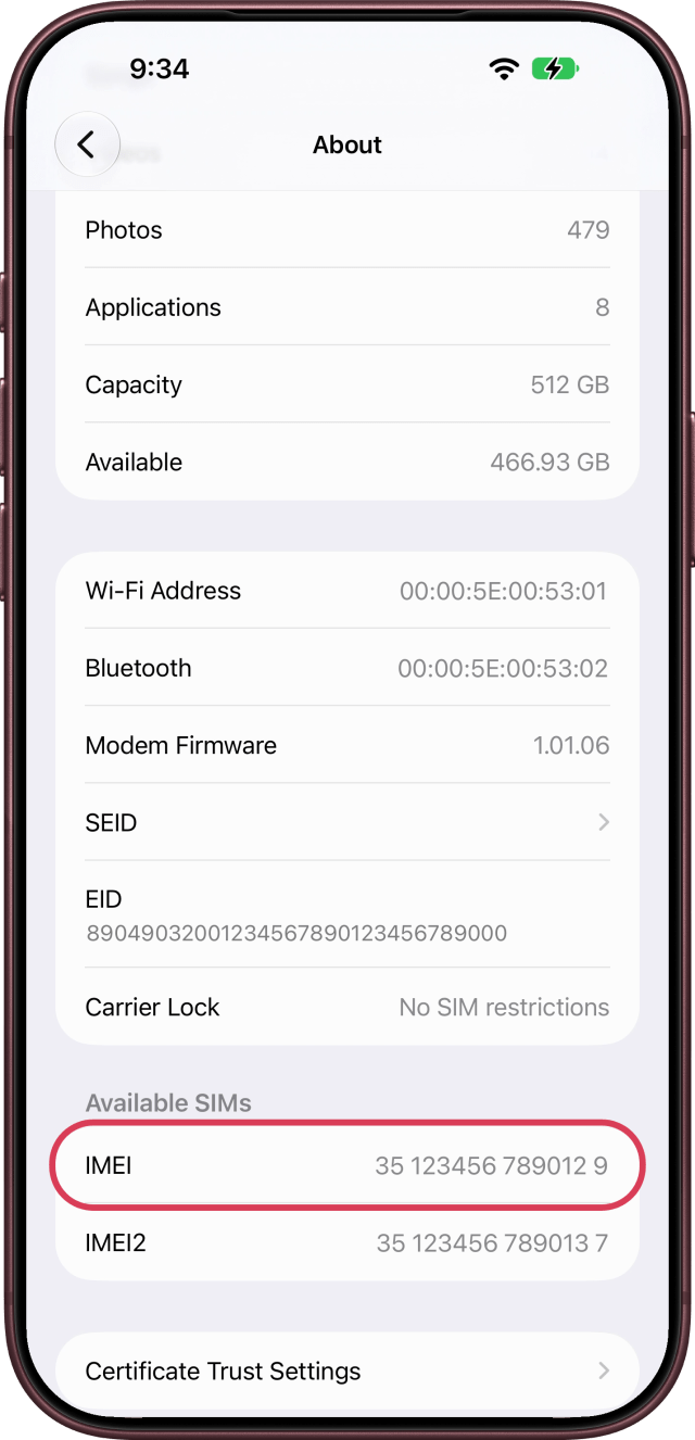 Touch and hold IMEI under Available SIMs