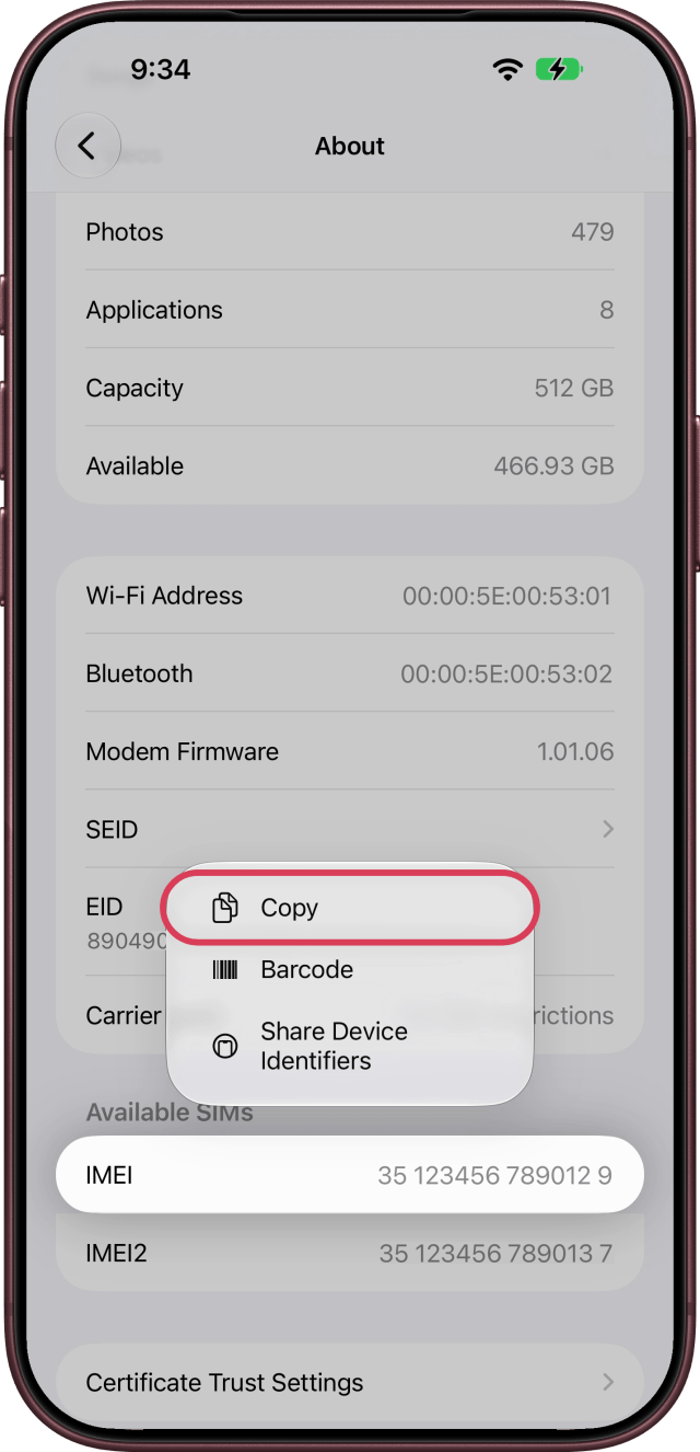 Tap Copy in the menu