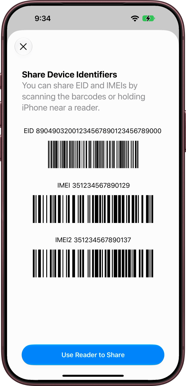The Share Device Identifiers sheet with the EID, IMEI and IMEI2