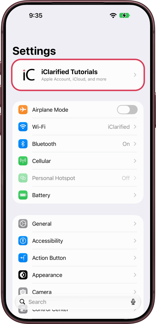 Tap your name at the top of Settings