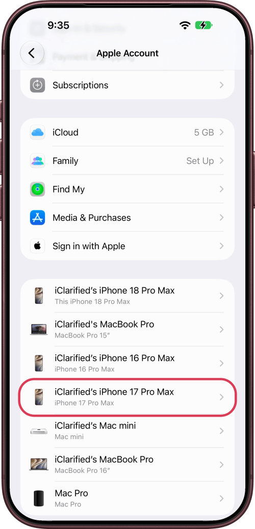 Choose your iPhone from the list of devices