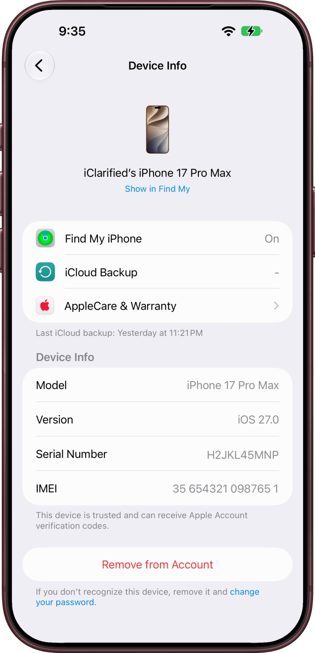 The Device Info screen with the Serial Number and IMEI