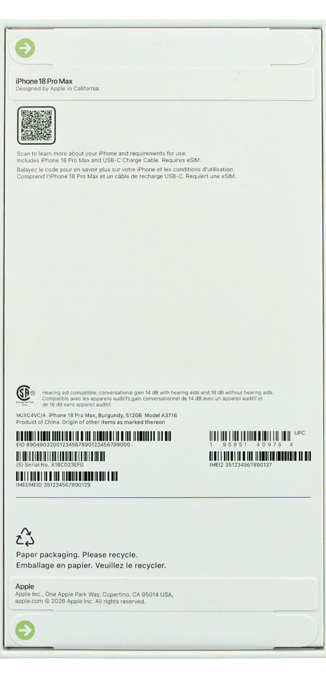 The label on the back of the iPhone box, with the IMEI on its barcodes