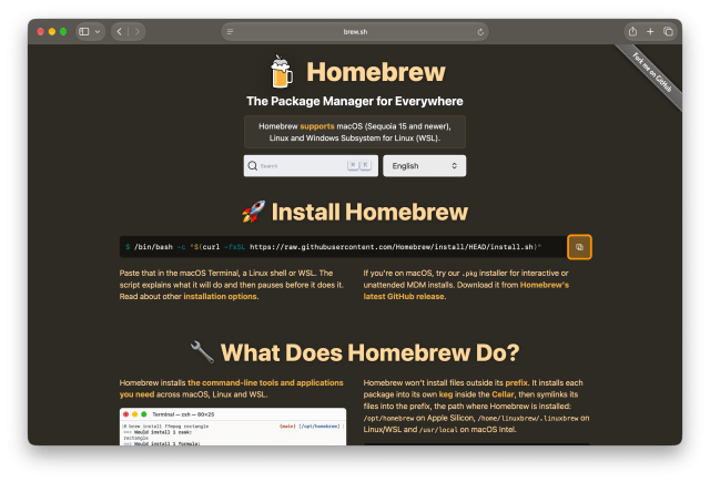 brew.sh in Safari with the copy button beside the install command ringed