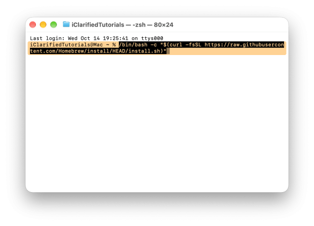 Terminal with the Homebrew install command pasted at the prompt