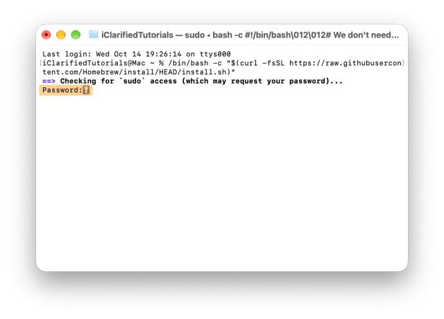 Terminal with the installer checking for sudo access and asking for the password