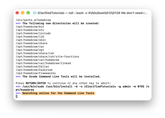 Terminal showing Searching online for the Command Line Tools