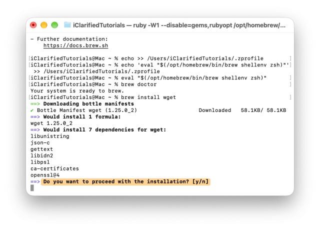 brew install wget listing 7 dependencies and asking Do you want to proceed with the installation? [y/n]