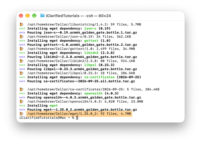 Terminal after brew install wget with wget's folder in the Cellar highlighted