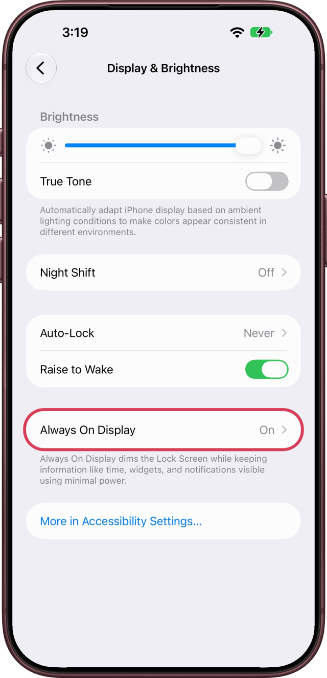 Always On Display reads On in Display & Brightness