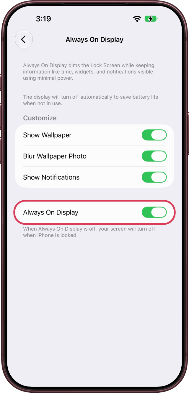 Turn off the Always On Display switch below Customize