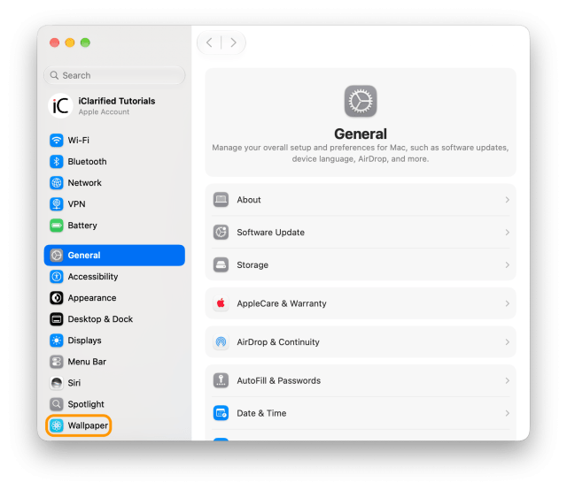 The System Settings window open on General with Wallpaper ringed at the bottom of the sidebar