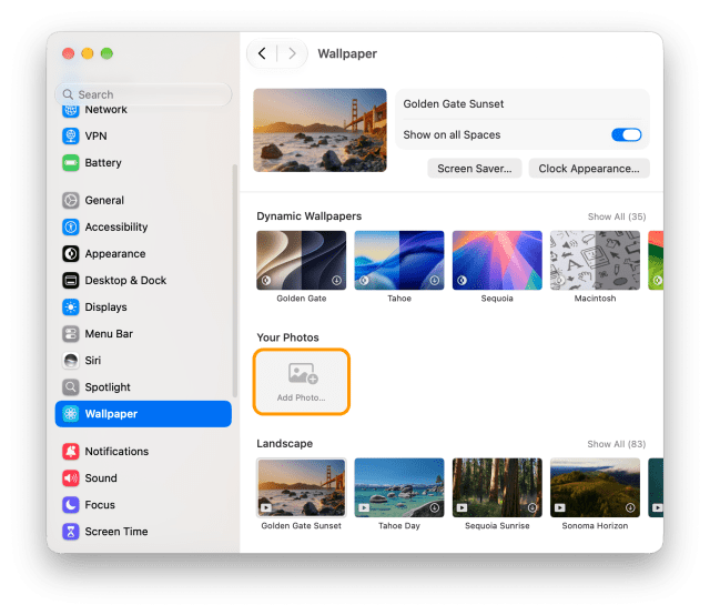 The Wallpaper settings with the Add Photo… tile under Your Photos ringed