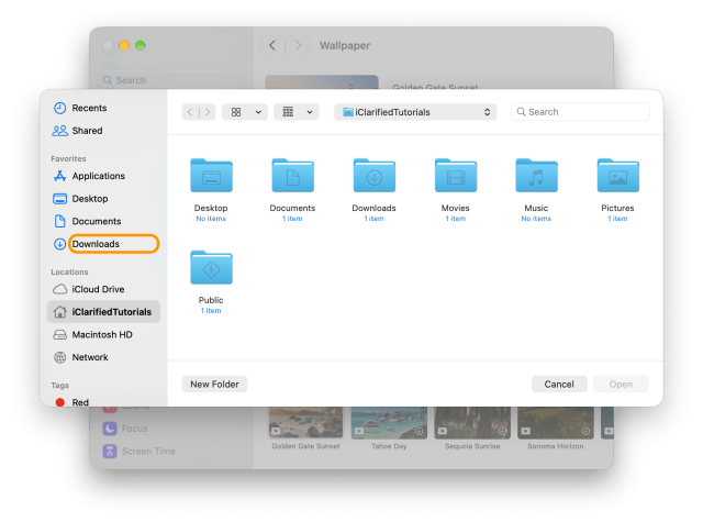 The file picker open on the home folder with Downloads ringed in its sidebar
