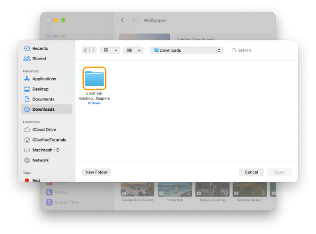 The Downloads folder with the iClarified MacBook Neo wallpaper folder ringed