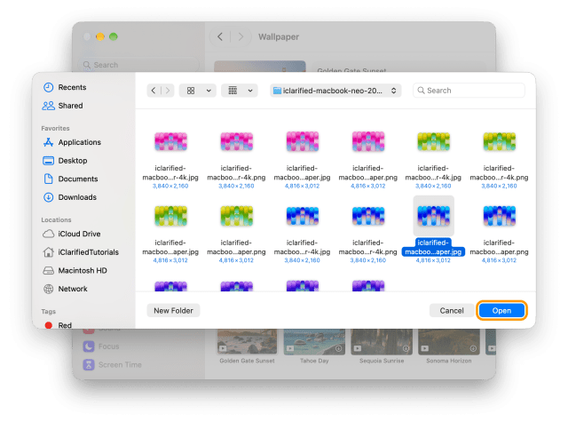 The file picker with the wallpaper selected and the Open button ringed