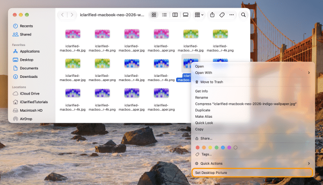 Finder's menu for a wallpaper image with Set Desktop Picture ringed at the bottom