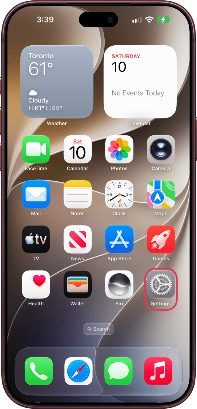 The Settings app outlined on the Home Screen.