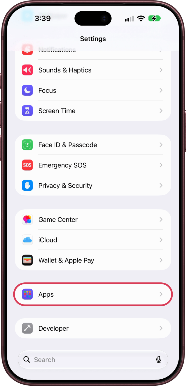 Apps outlined near the bottom of Settings.