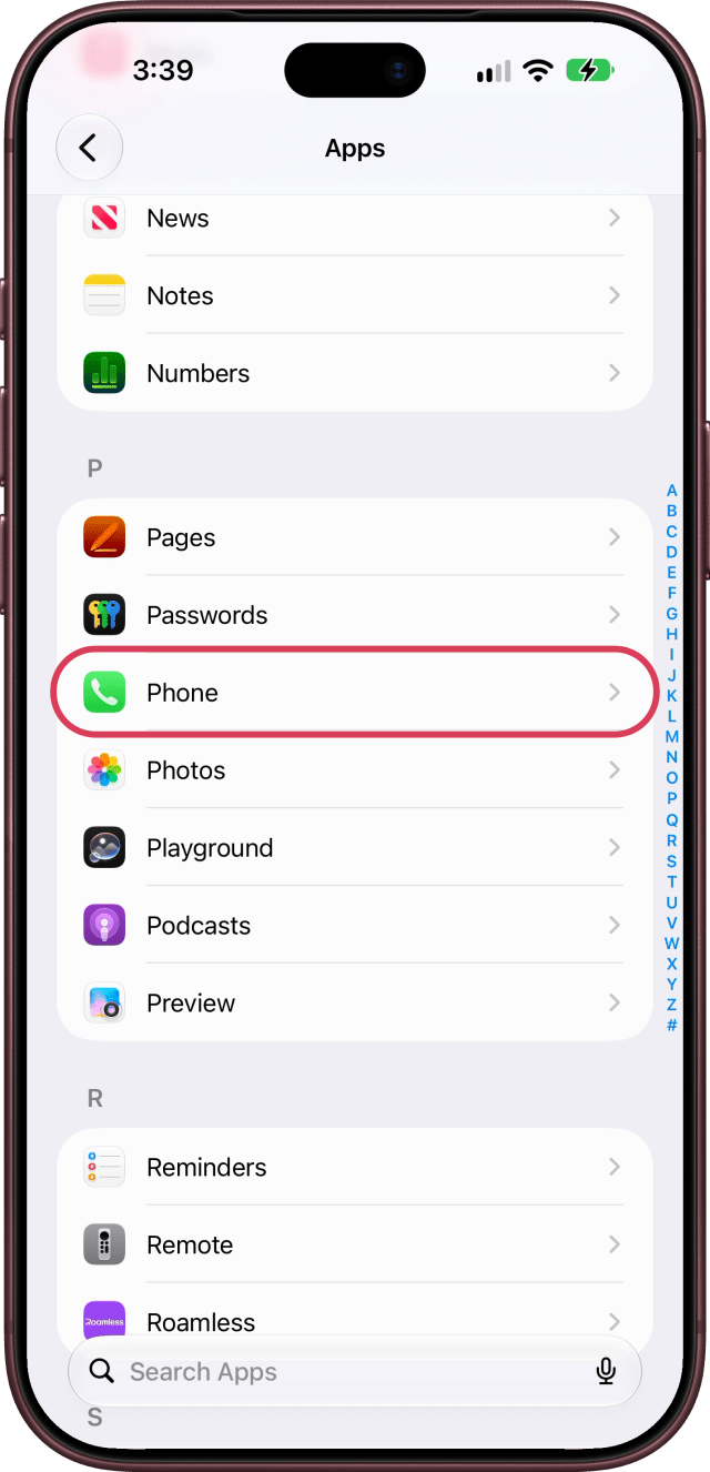 Phone outlined in the Apps list.
