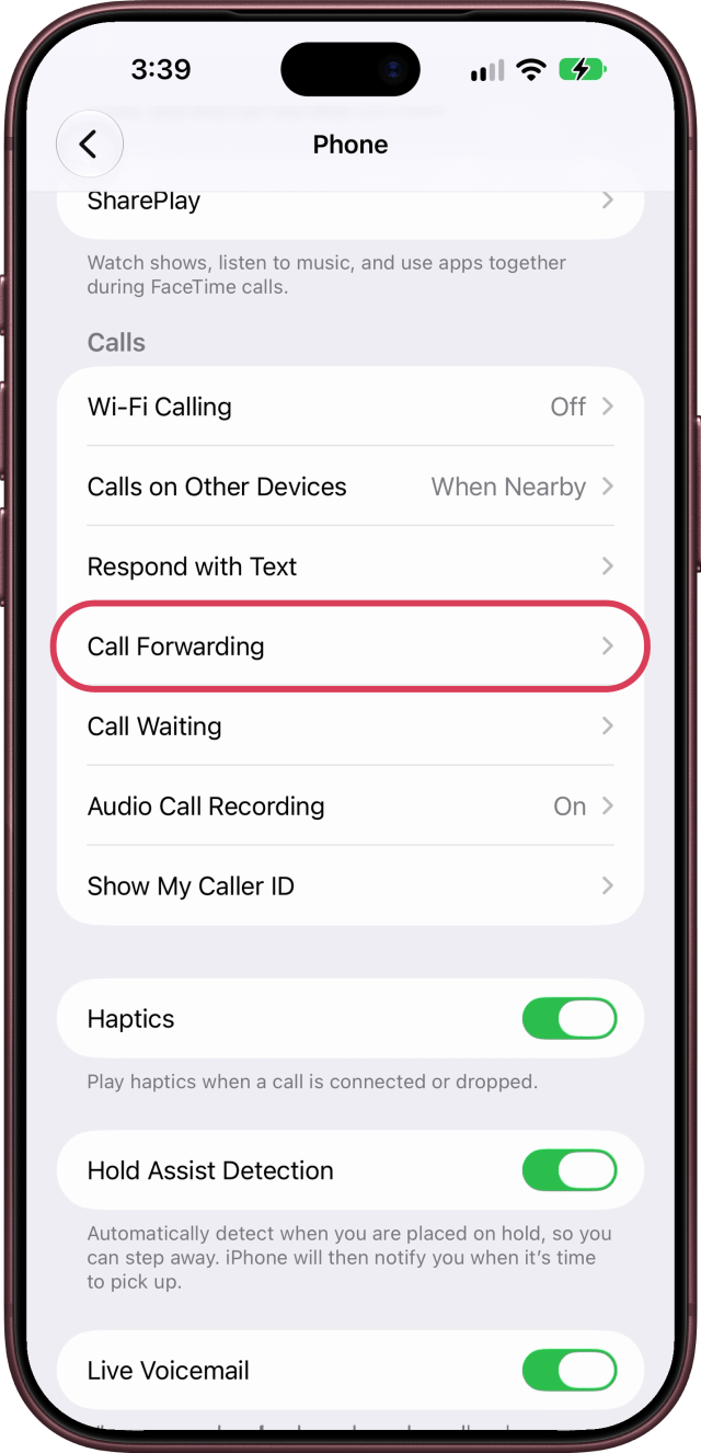 Call Forwarding outlined under Calls in Phone settings.