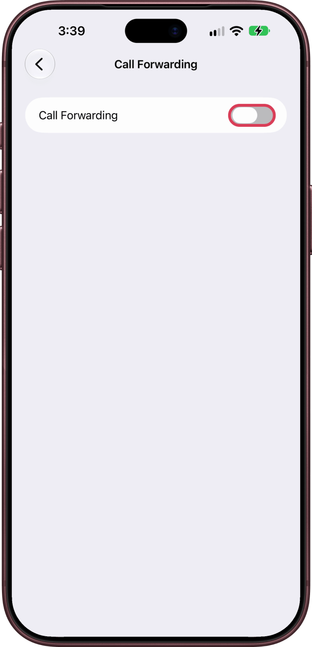 The Call Forwarding switch outlined, off.