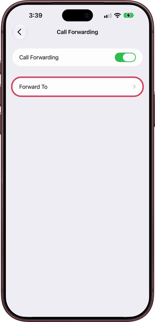 Forward To outlined below the Call Forwarding switch.