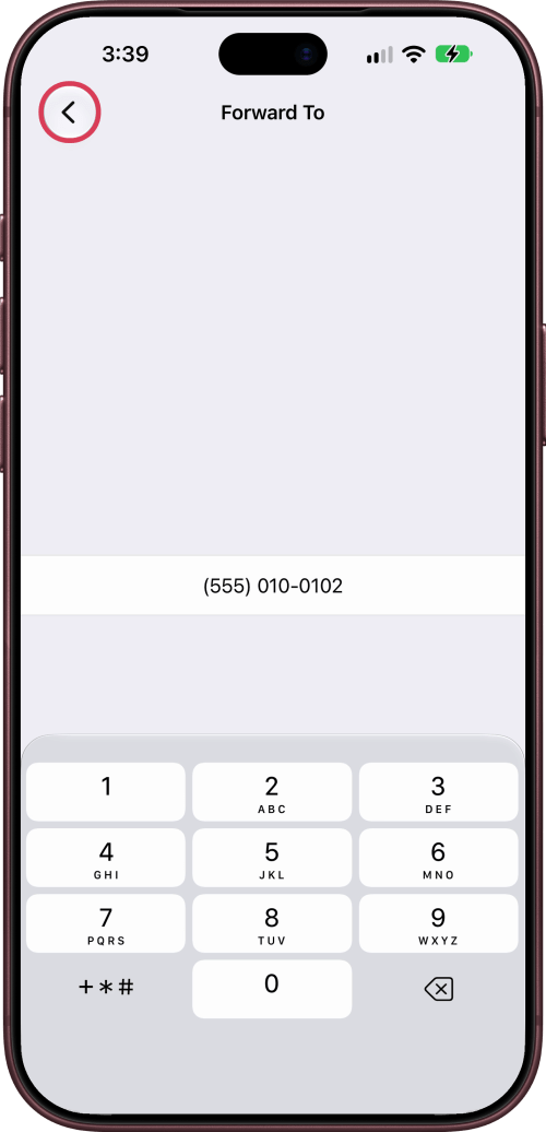The number entered on Forward To, with the back button outlined.