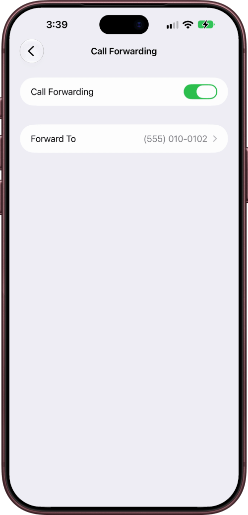Call Forwarding on, with the number shown next to Forward To.