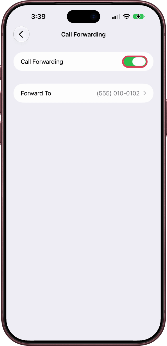 The Call Forwarding switch outlined, on.