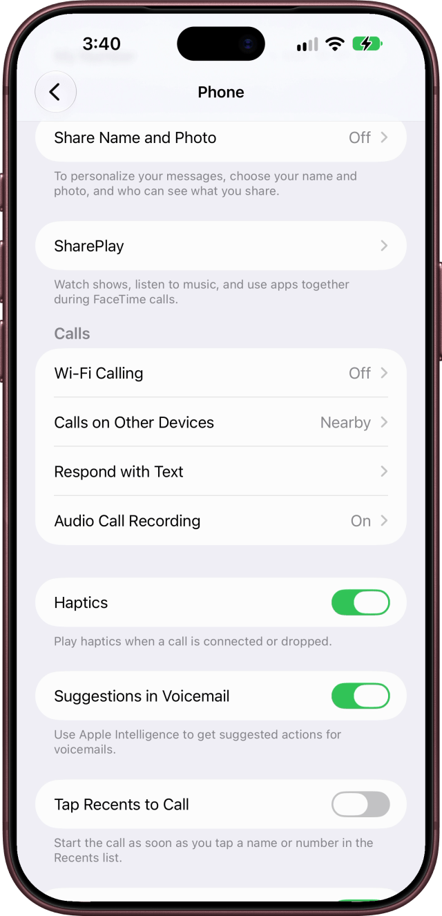 Calls in Phone settings with no Call Forwarding row.