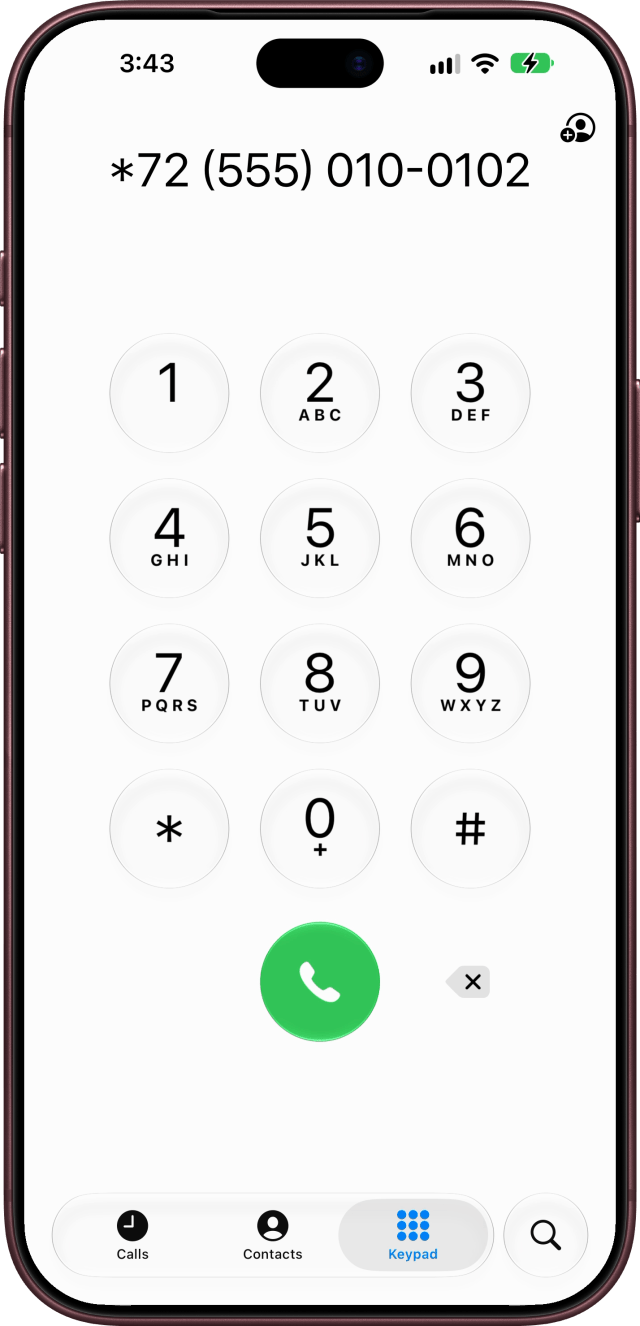 The keypad with *72 (555) 010-0102 typed, not dialed.