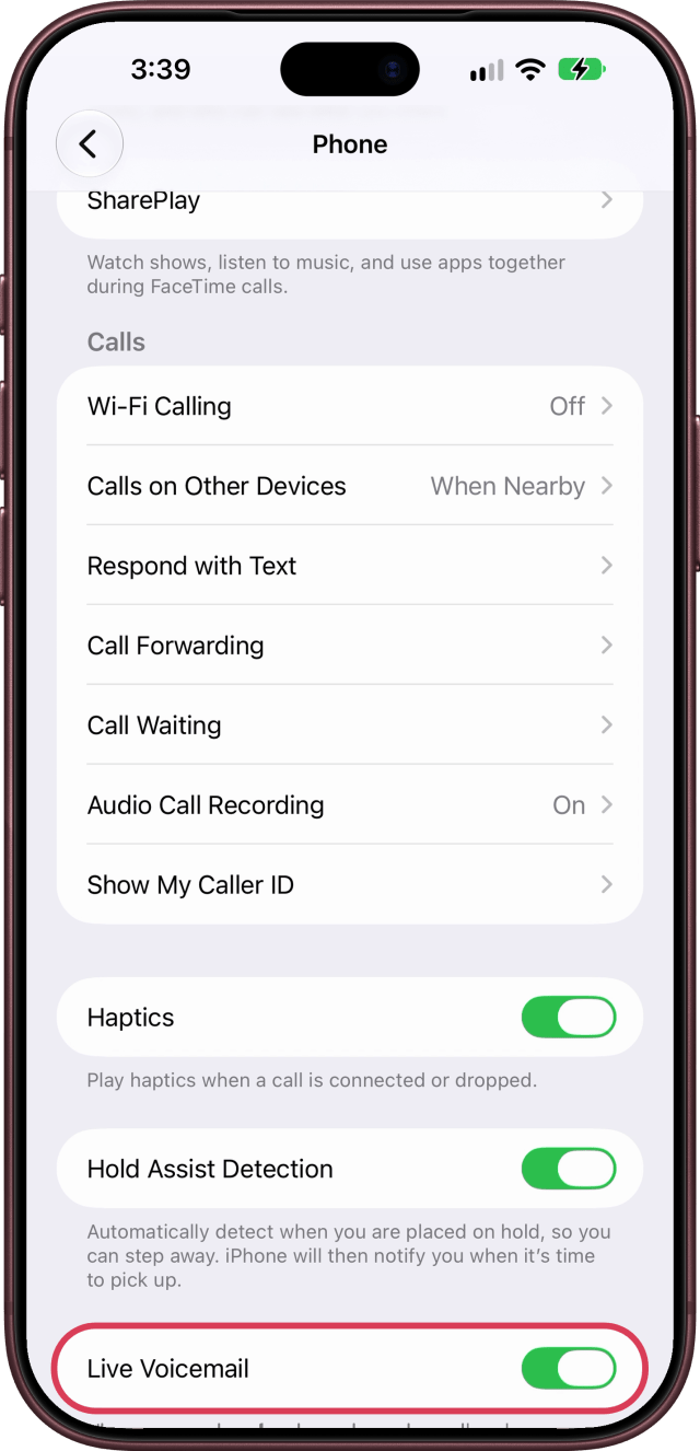 Live Voicemail outlined at the bottom of Phone settings.