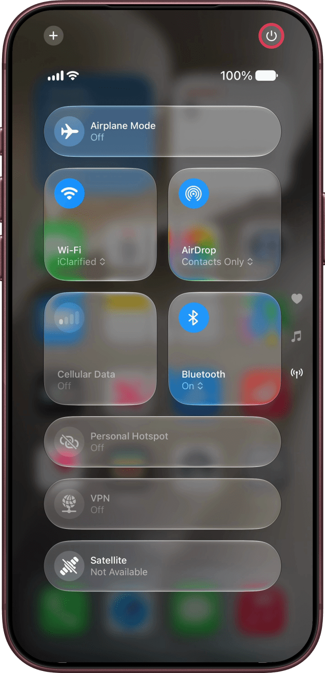Control Center with the power button outlined in the top-right corner.