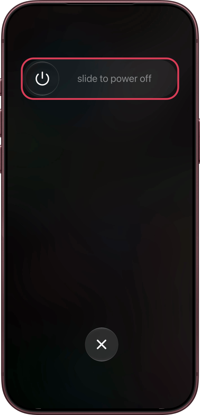 The power off slider outlined at the top of the screen.