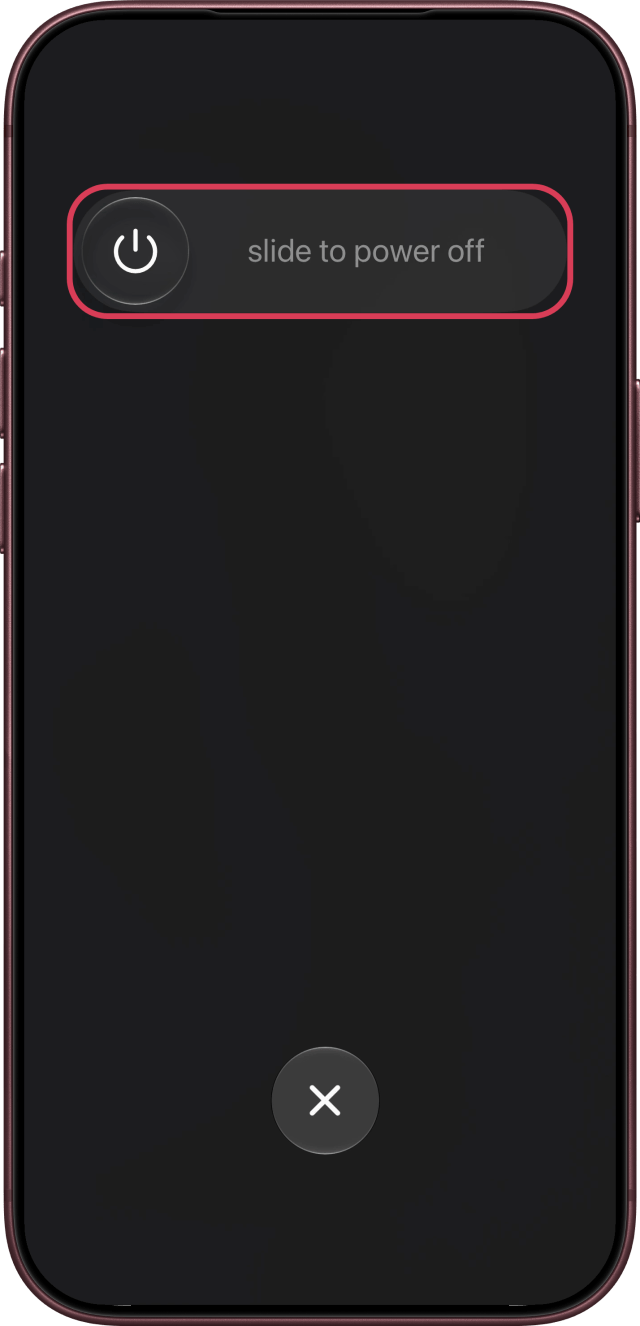 The power off slider outlined at the top of the screen.
