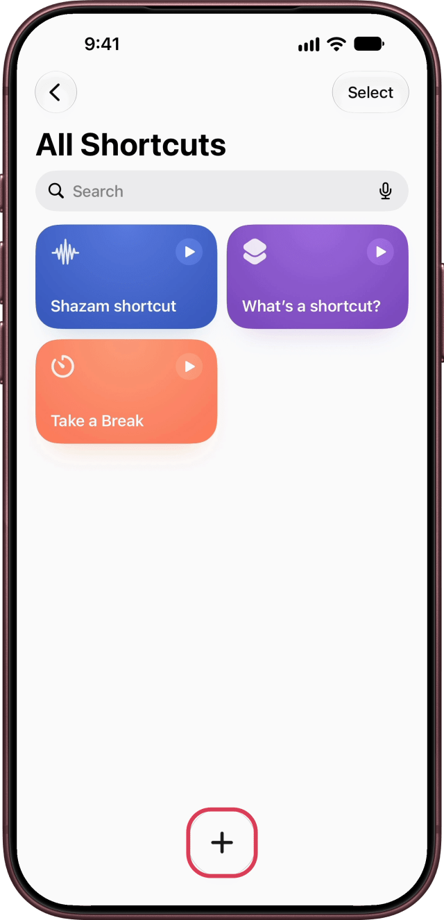 The plus button outlined at the bottom of All Shortcuts.