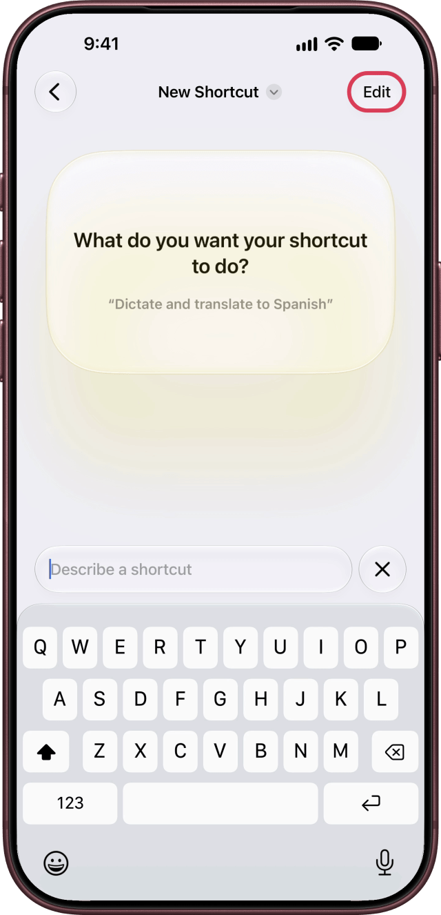 Edit outlined at the top right of a new shortcut.
