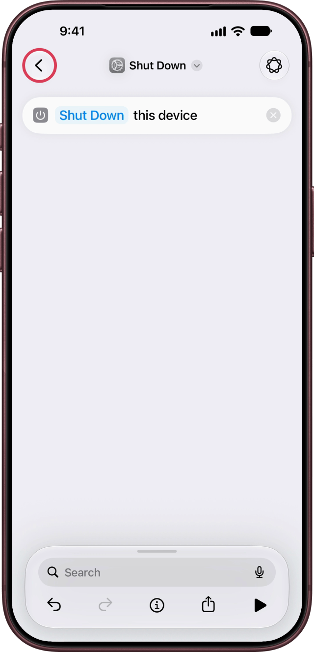 The back button outlined on the Shut Down shortcut.
