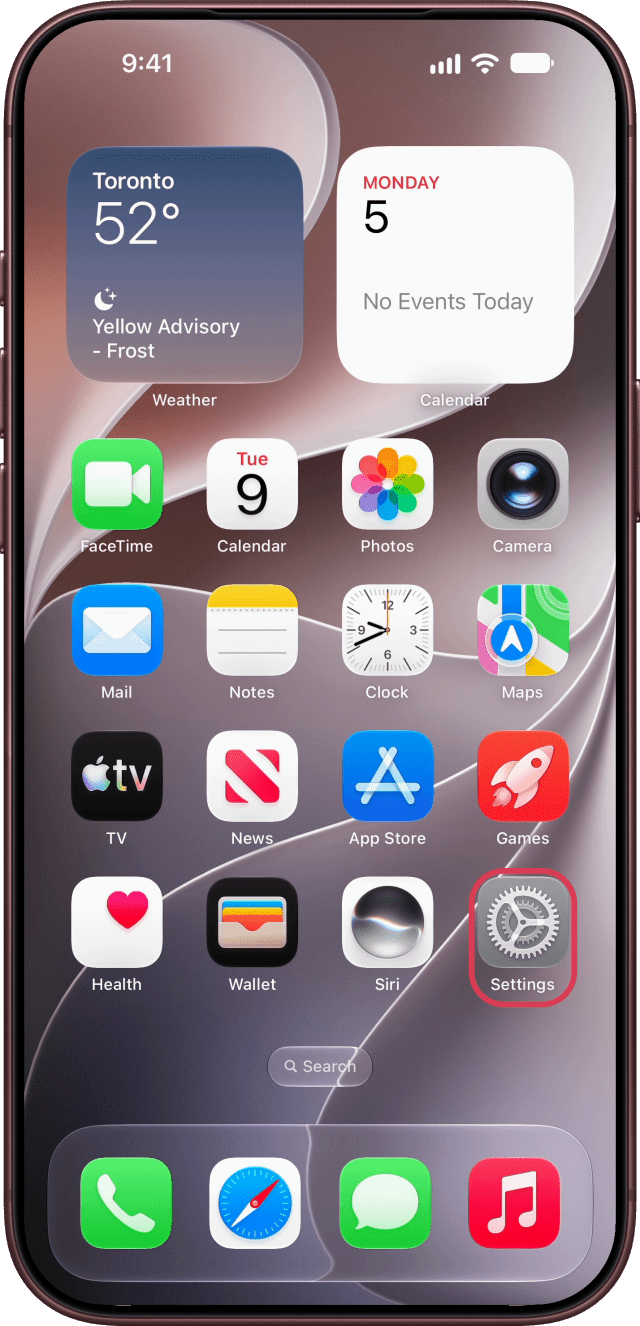 The Settings app outlined on the Home Screen.
