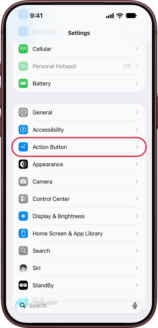 Action Button outlined in Settings.