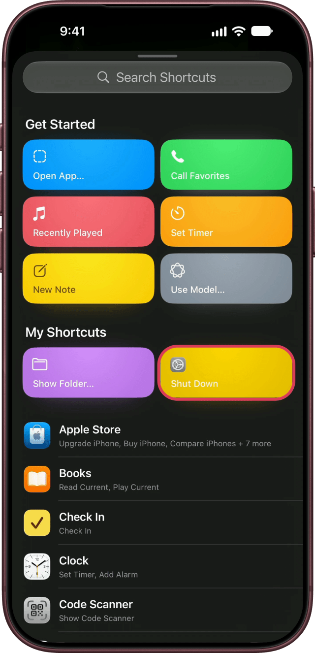 The Shut Down shortcut outlined under My Shortcuts.