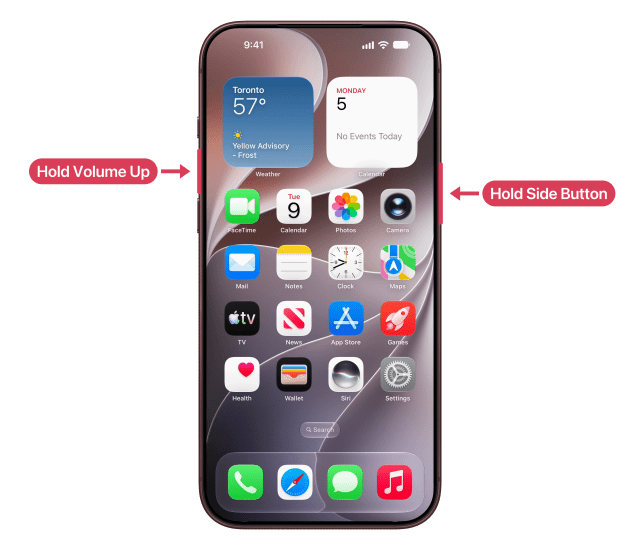 The side button and the volume up button marked and labelled on an iPhone 18 Pro Max showing its Home Screen.