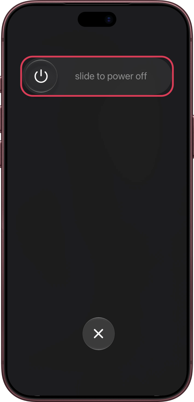 The power off slider outlined at the top of the screen.
