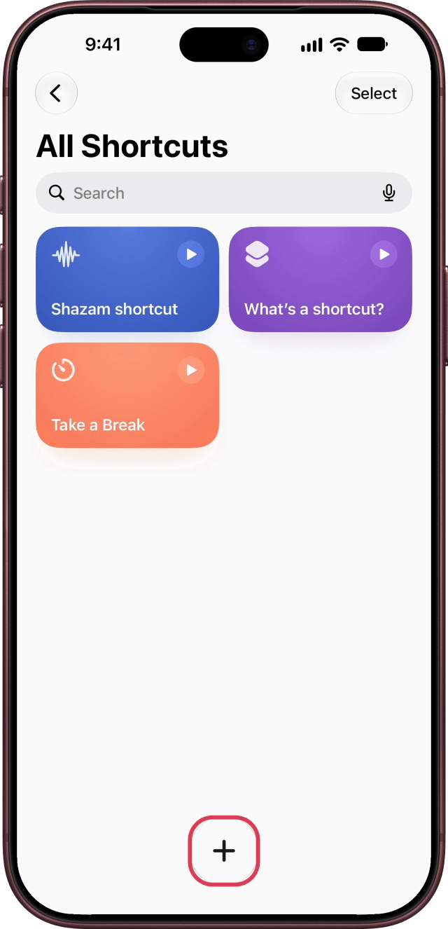 The plus button outlined at the bottom of All Shortcuts.