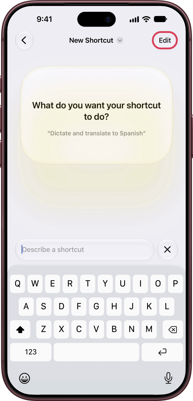 Edit outlined at the top right of a new shortcut.