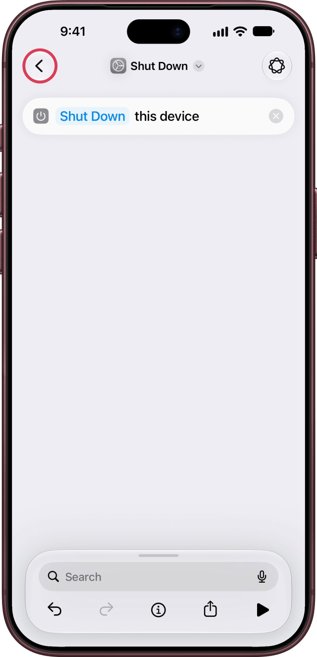 The back button outlined on the Shut Down shortcut.