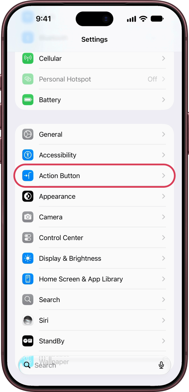 Action Button outlined in Settings.